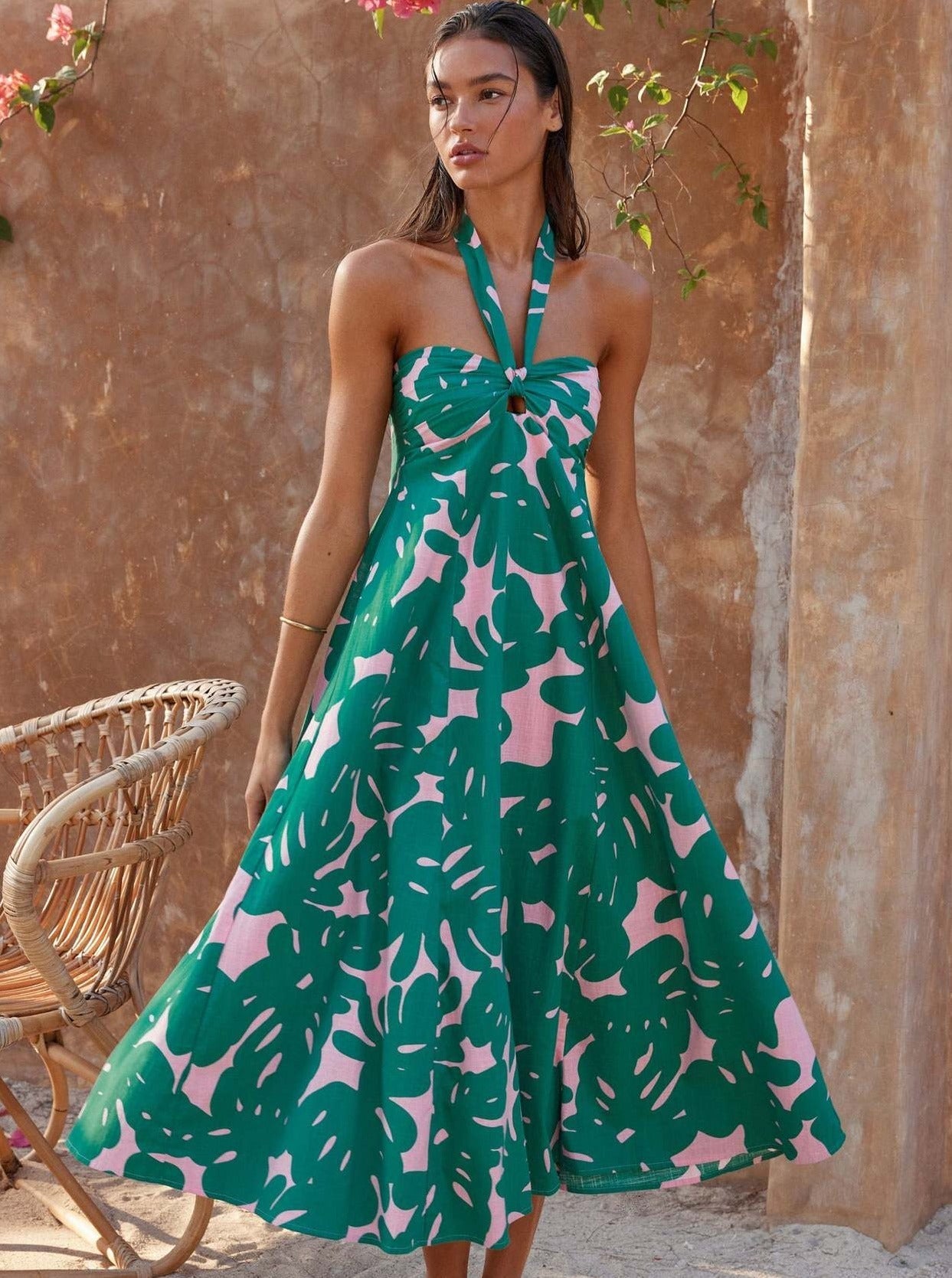Ärmelloses Neckholder-Maxikleid mit Blumenmuster im Bohemian-Stil