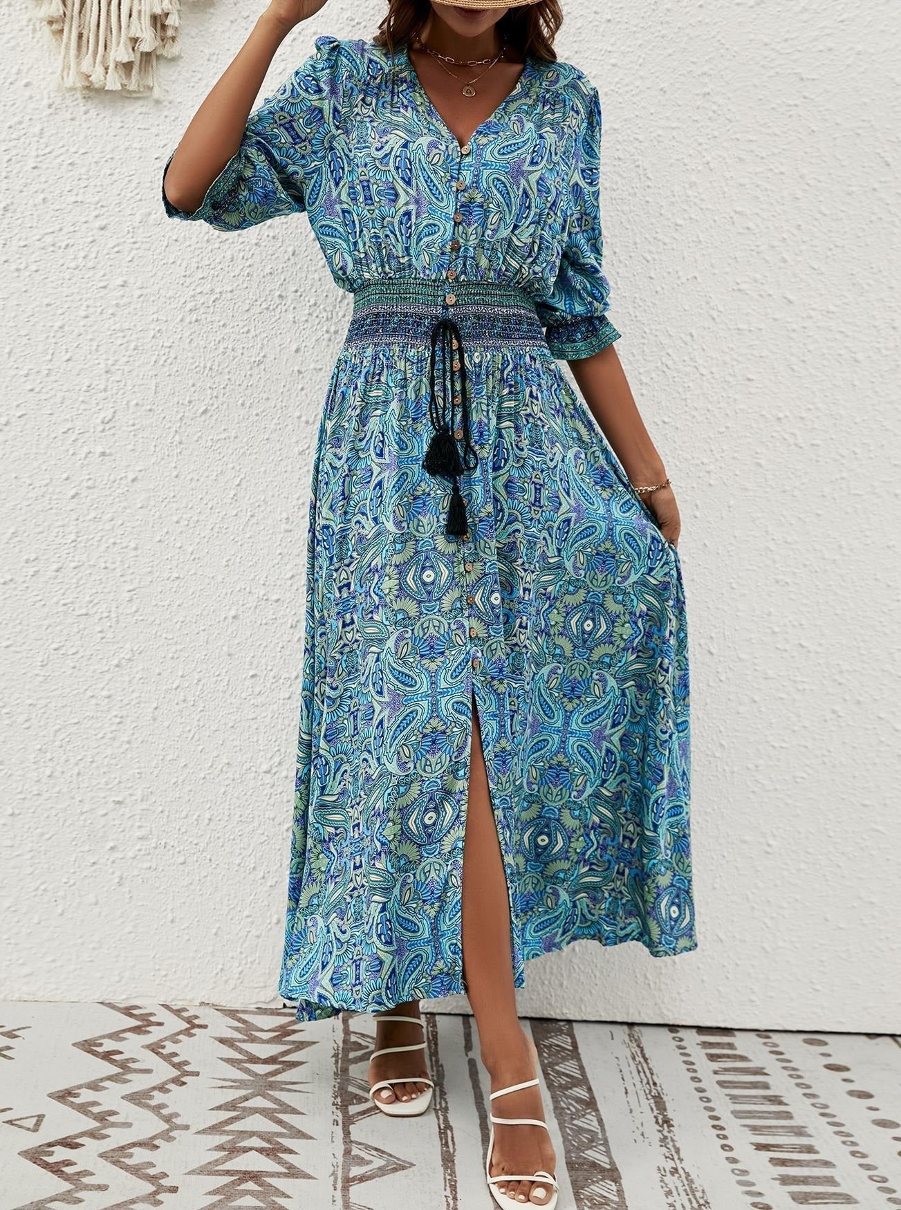 Bedrucktes Vintage-Midikleid mit halblangen Ärmeln im Boho-Stil