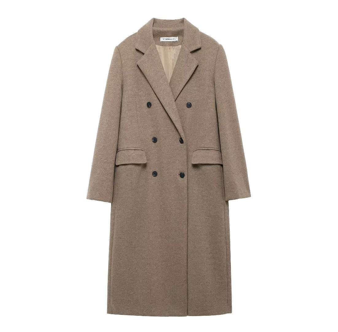 Eleganter taupefarbener zweireihiger Wollmantel