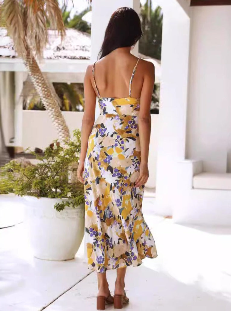 Sommer Schlank Split Elegantes Floral Chiffon Vintage Midi Kleid