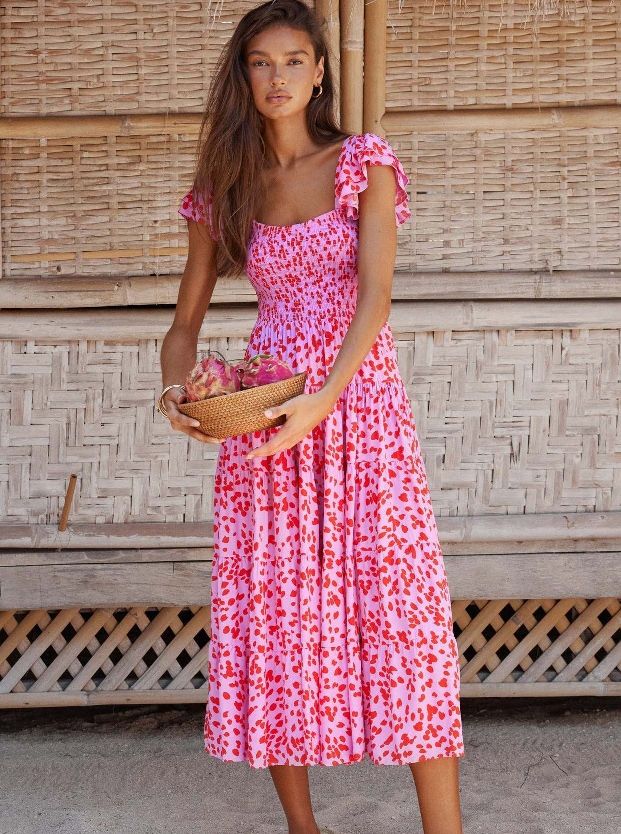 Bohemian Midikleid mit eckigem Ausschnitt und kurzen Ärmeln
