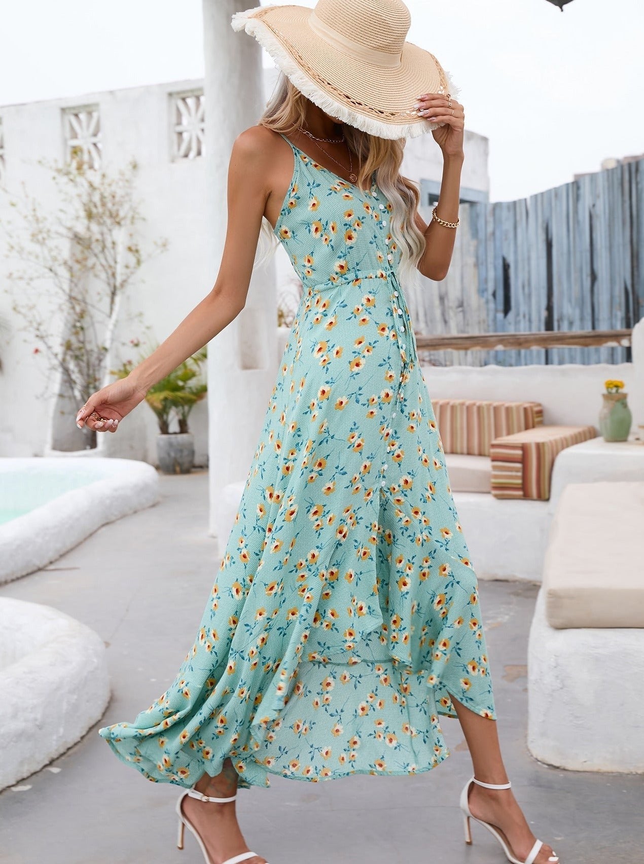 Petrolfarbenes, asymmetrisches Kleid mit Blumenmuster