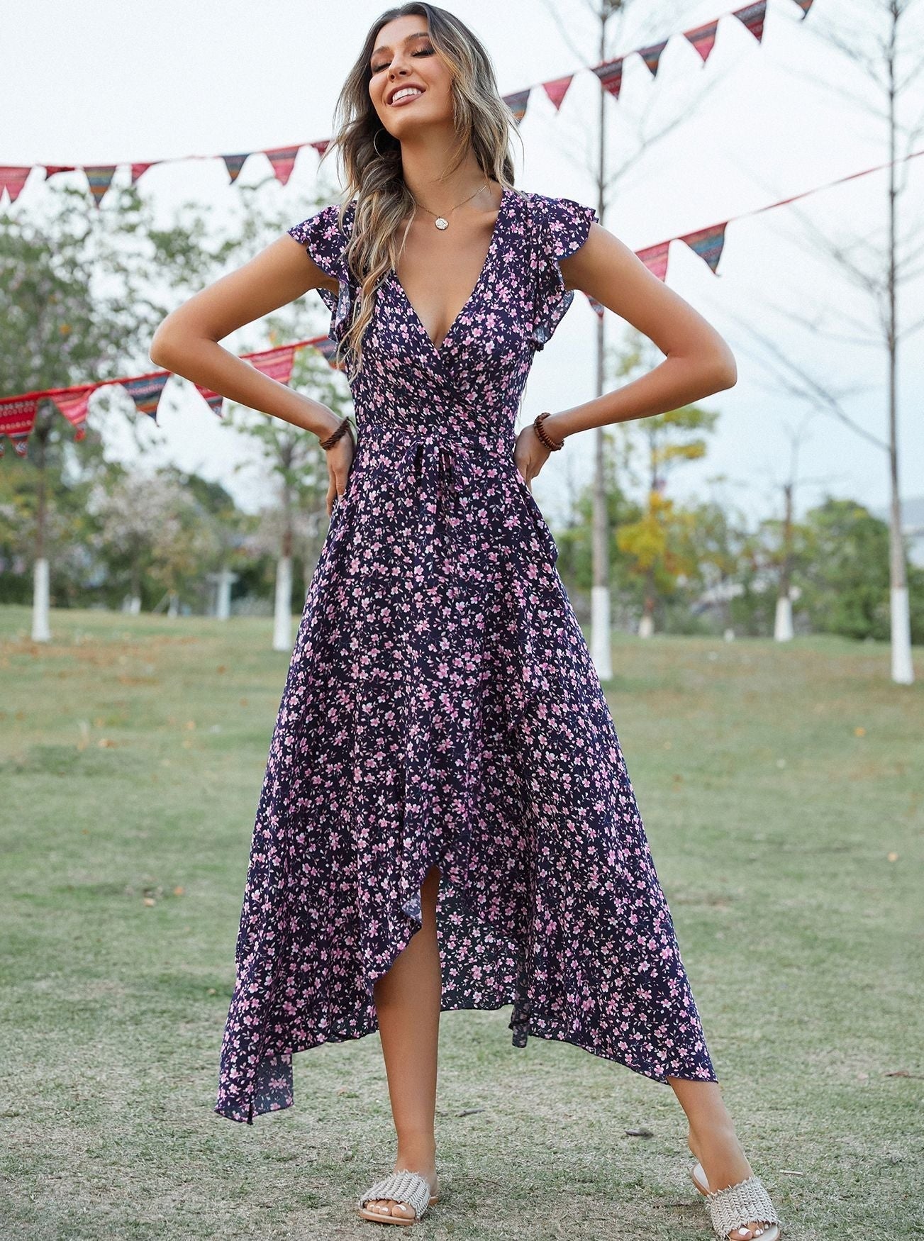Bohemian Blumendruck Vintage Baumwolle Schlitz Midikleid