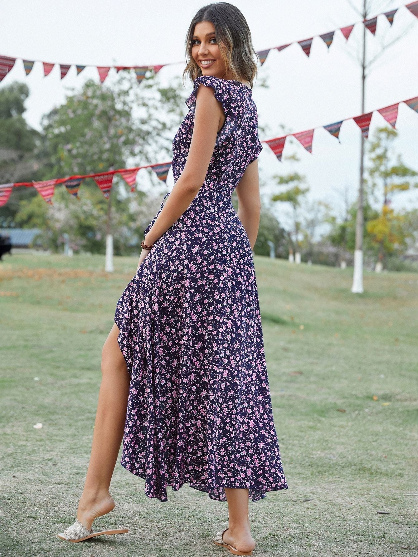 Bohemian Blumendruck Vintage Baumwolle Schlitz Midikleid