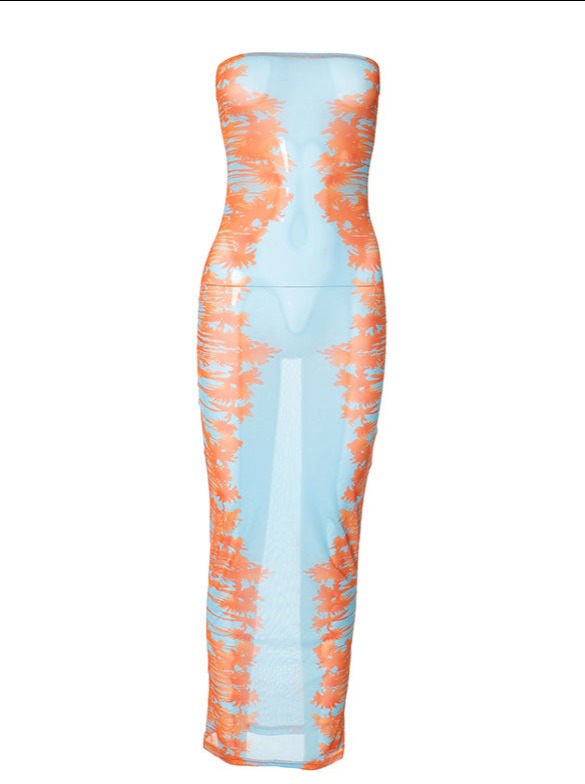 Durchsichtiges, blaues und oranges Batik-Tube-Kleid aus Netzstoff