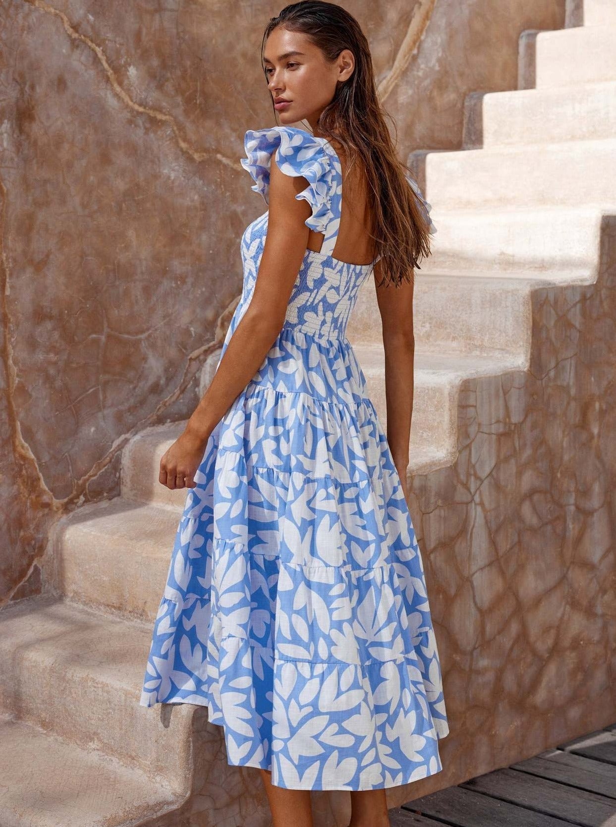 Bohemian Midikleid mit eckigem Ausschnitt und kurzen Ärmeln