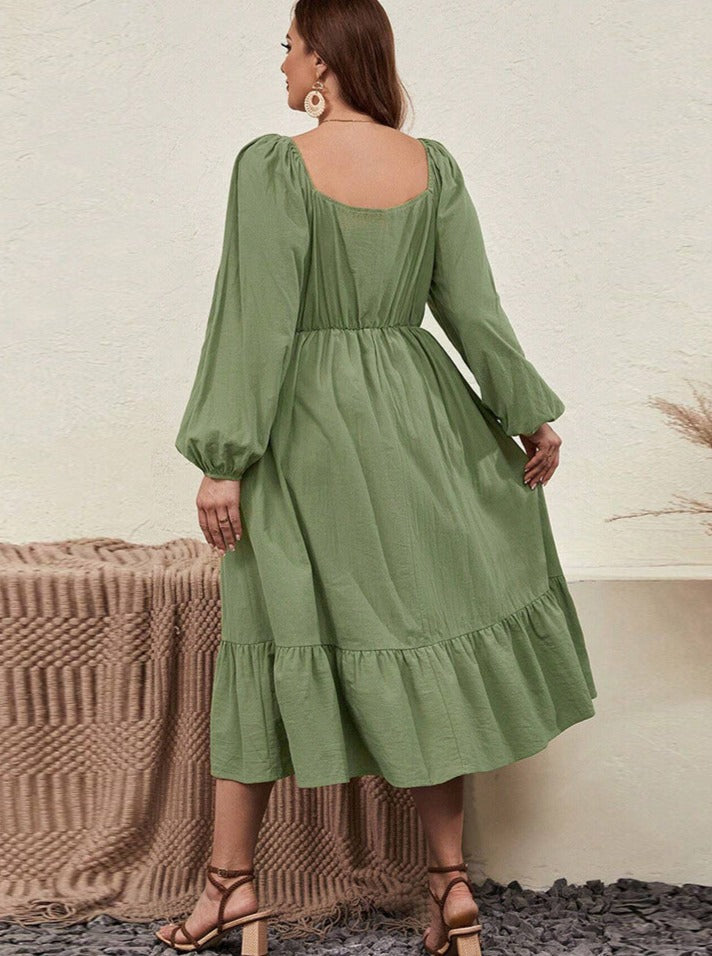 Lässiges Puffkleid mit langen Ärmeln und eckigem Ausschnitt