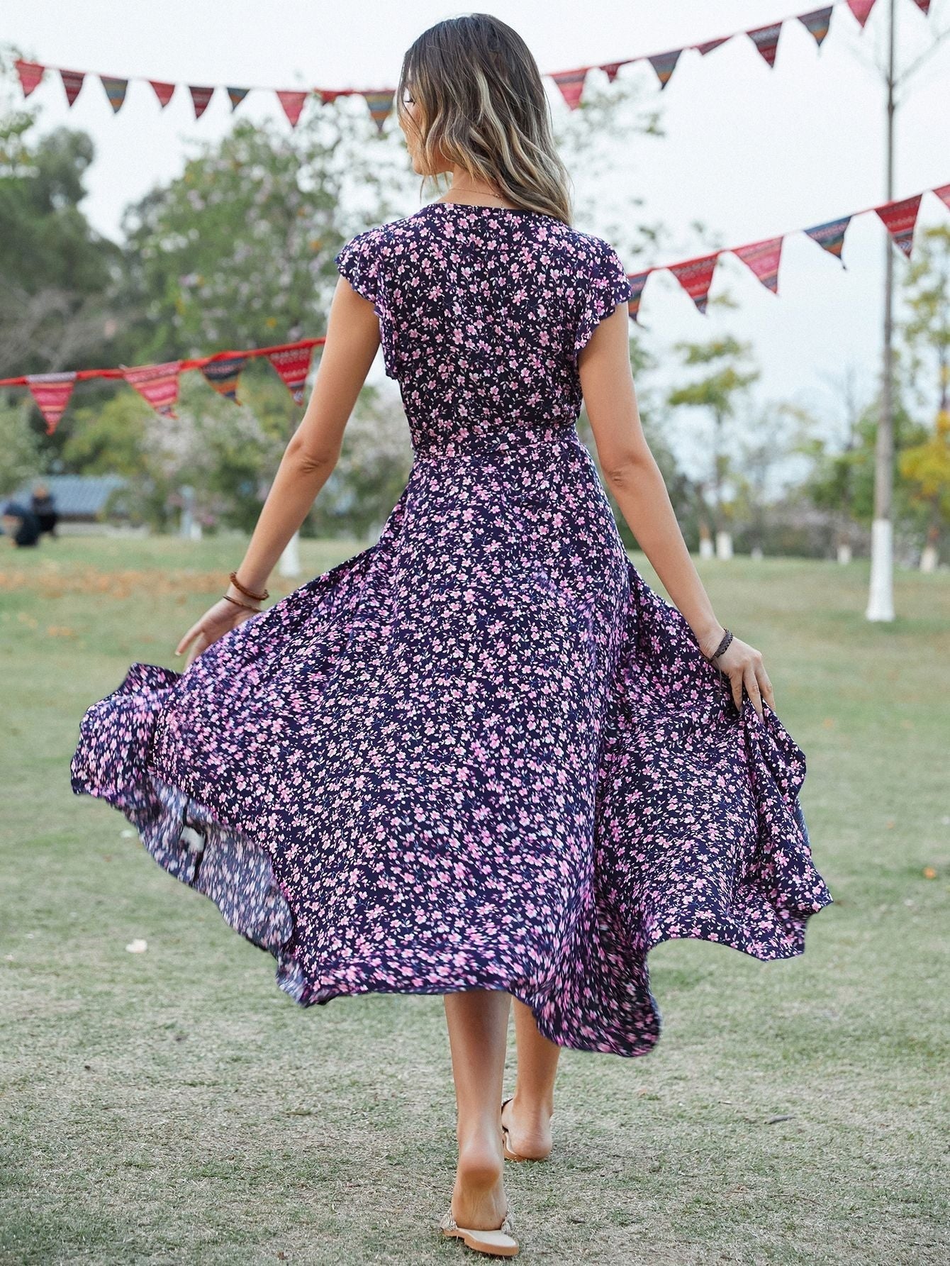 Bohemian Blumendruck Vintage Baumwolle Schlitz Midikleid