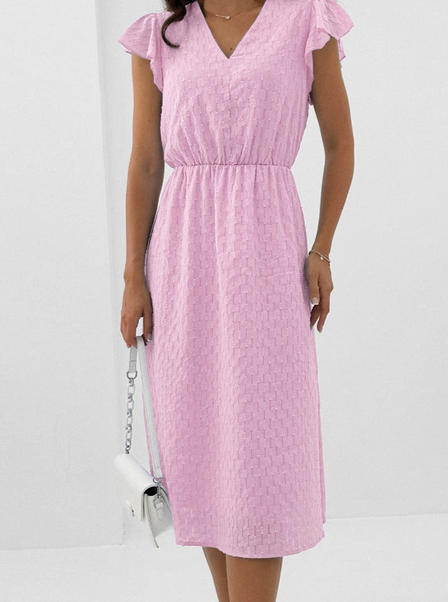 Elegantes, ausgestelltes Kleid in Volltonfarbe mit V-Ausschnitt