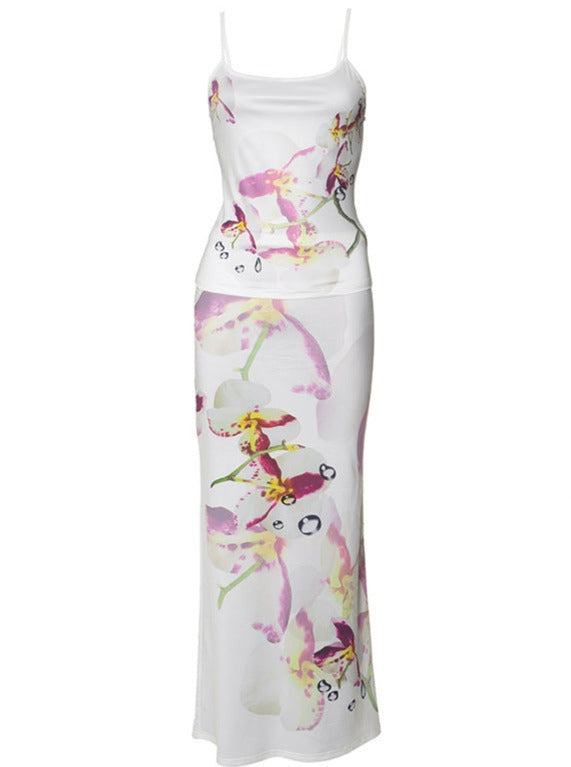 Ärmelloses Maxikleid mit floralem Orchideen-Print