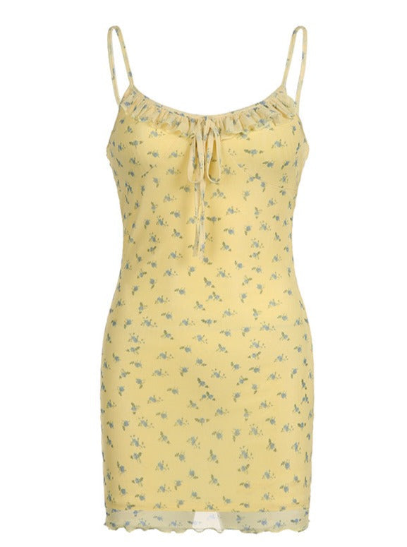 Gelbes Netzkleid mit Spaghettiträgern und U-Ausschnitt