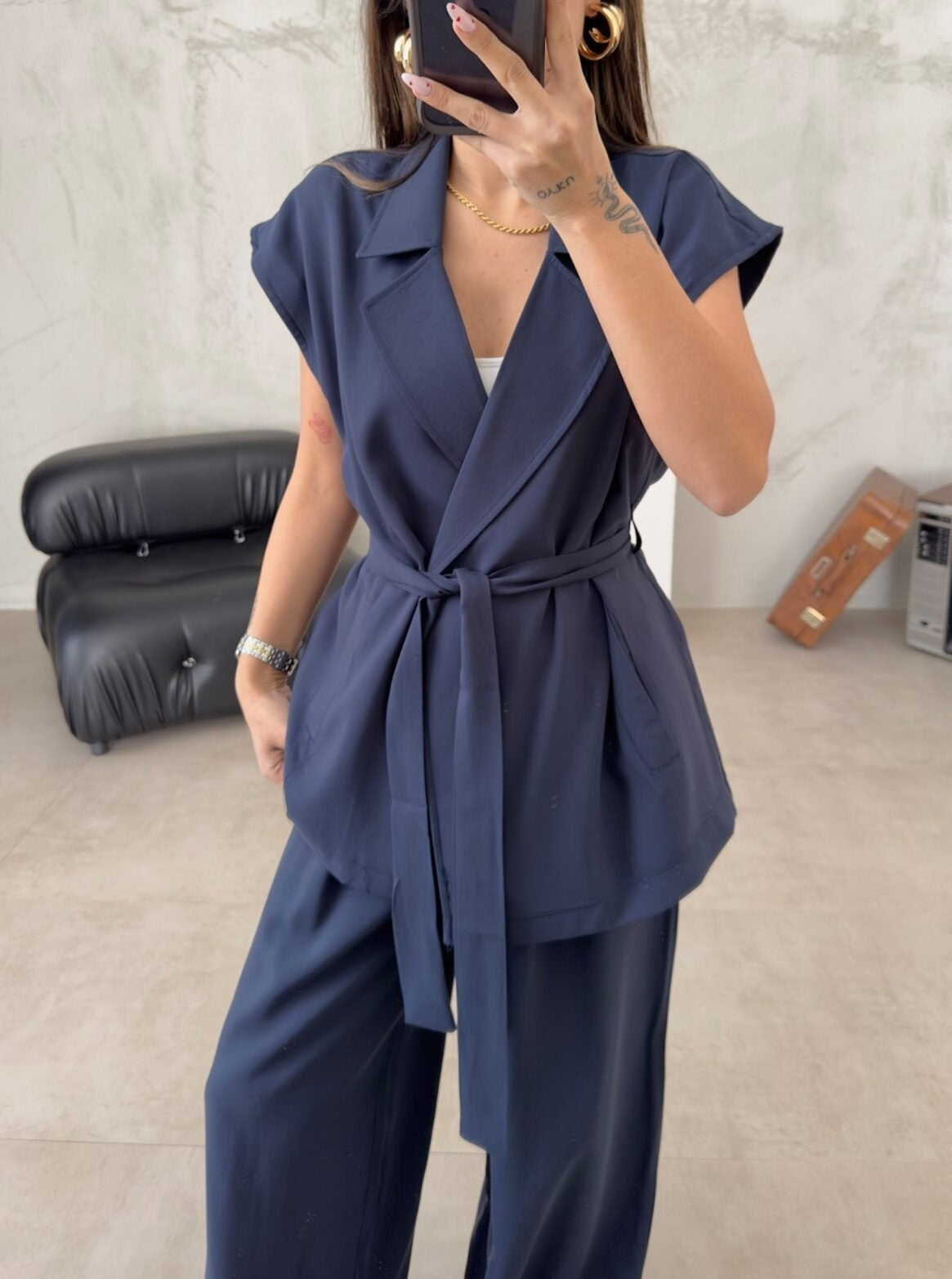 Lässiger ärmelloser Cardigan-Hosenanzug mit hoher Taille
