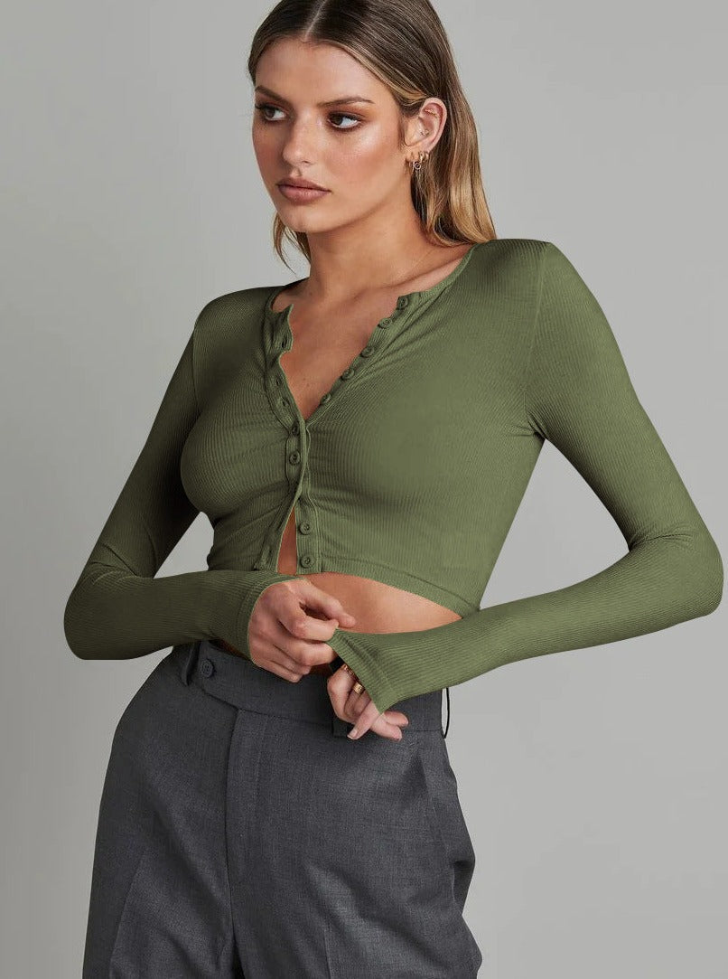 Grüner, langärmliger Strickjacke mit Knöpfen