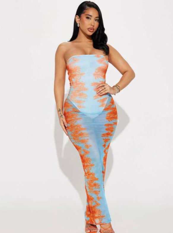 Durchsichtiges, blaues und oranges Batik-Tube-Kleid aus Netzstoff