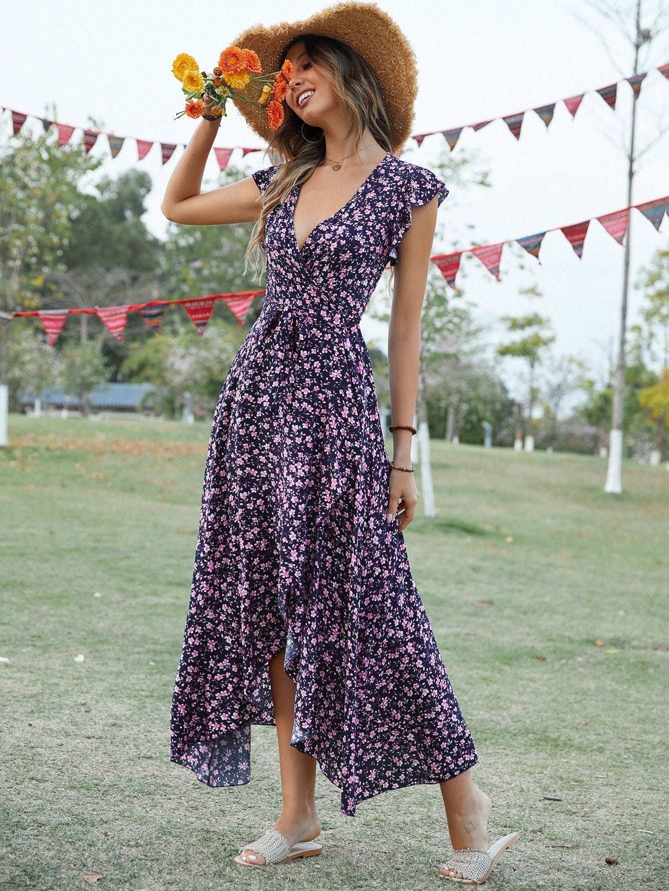 Bohemian Blumendruck Vintage Baumwolle Schlitz Midikleid