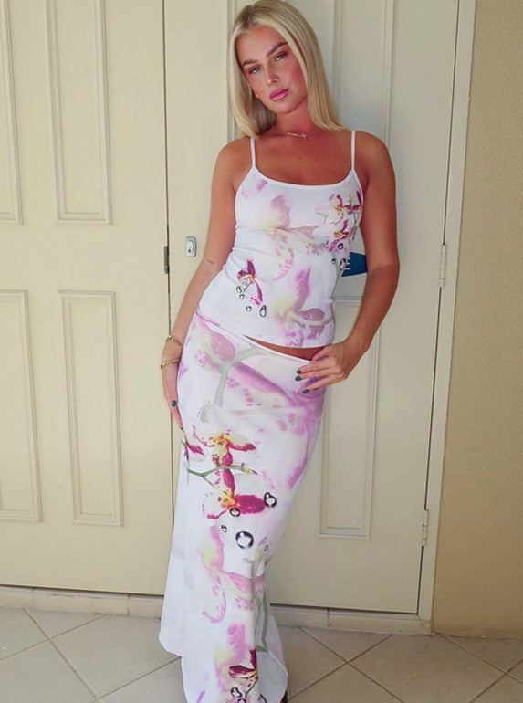 Ärmelloses Maxikleid mit floralem Orchideen-Print