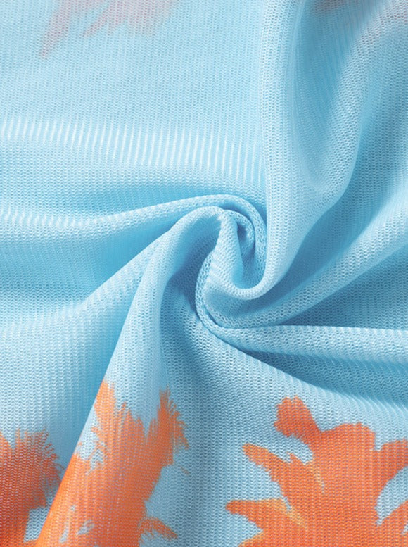 Durchsichtiges, blaues und oranges Batik-Tube-Kleid aus Netzstoff