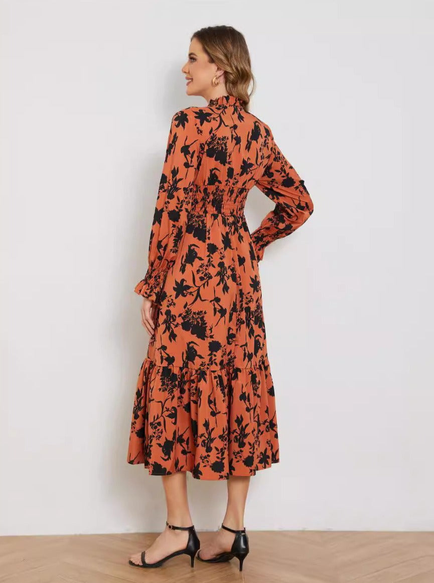 Langärmliges Midikleid mit Blumendruck, V-Ausschnitt, hoher Taille