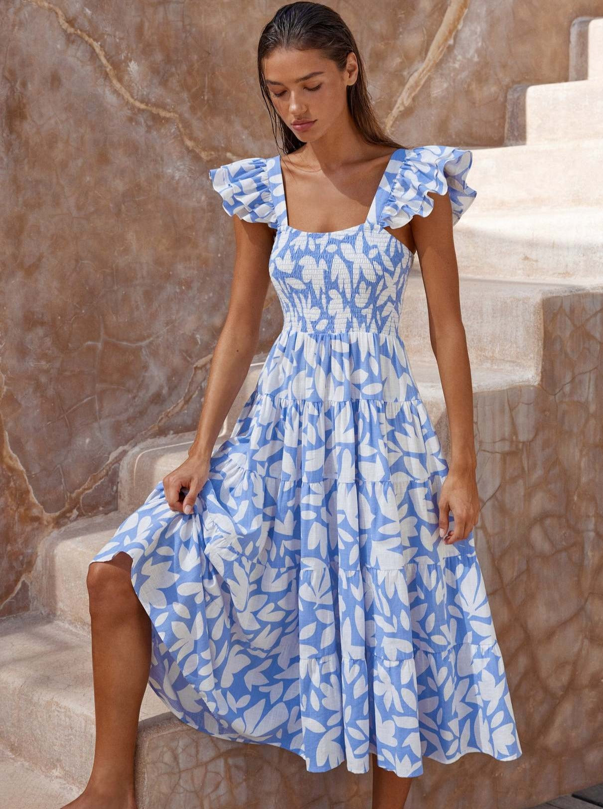 Bohemian Midikleid mit eckigem Ausschnitt und kurzen Ärmeln