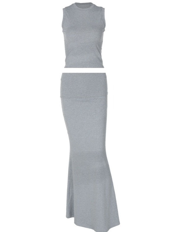 2-teiliges Set mit ärmellosem Rollkragen-Crop-Top und langem Rock