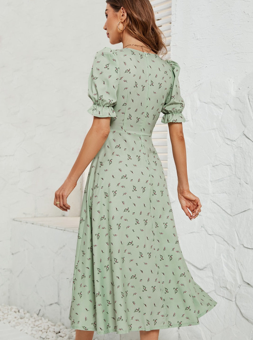 Blumenmuster Sommer Kurzarm Midikleid mit V-Ausschnitt