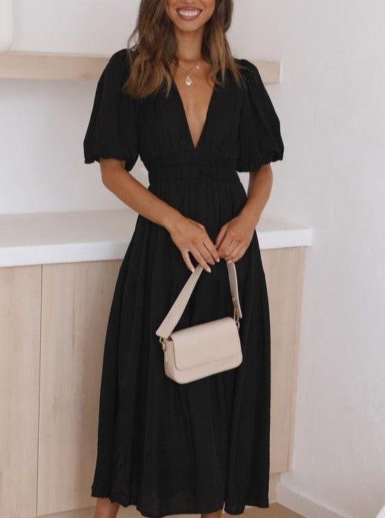 Solid Color Fluff Sleeve V-Neck Pleated Dress