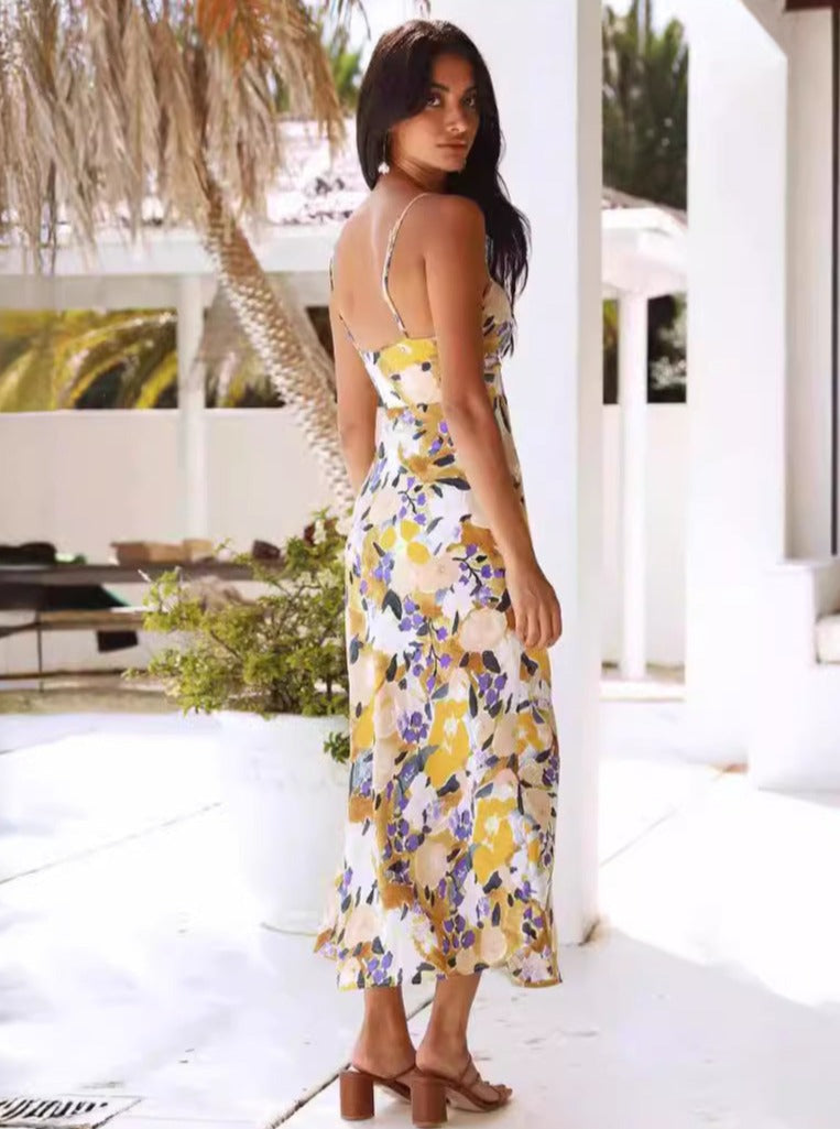 Sommer Schlank Split Elegantes Floral Chiffon Vintage Midi Kleid