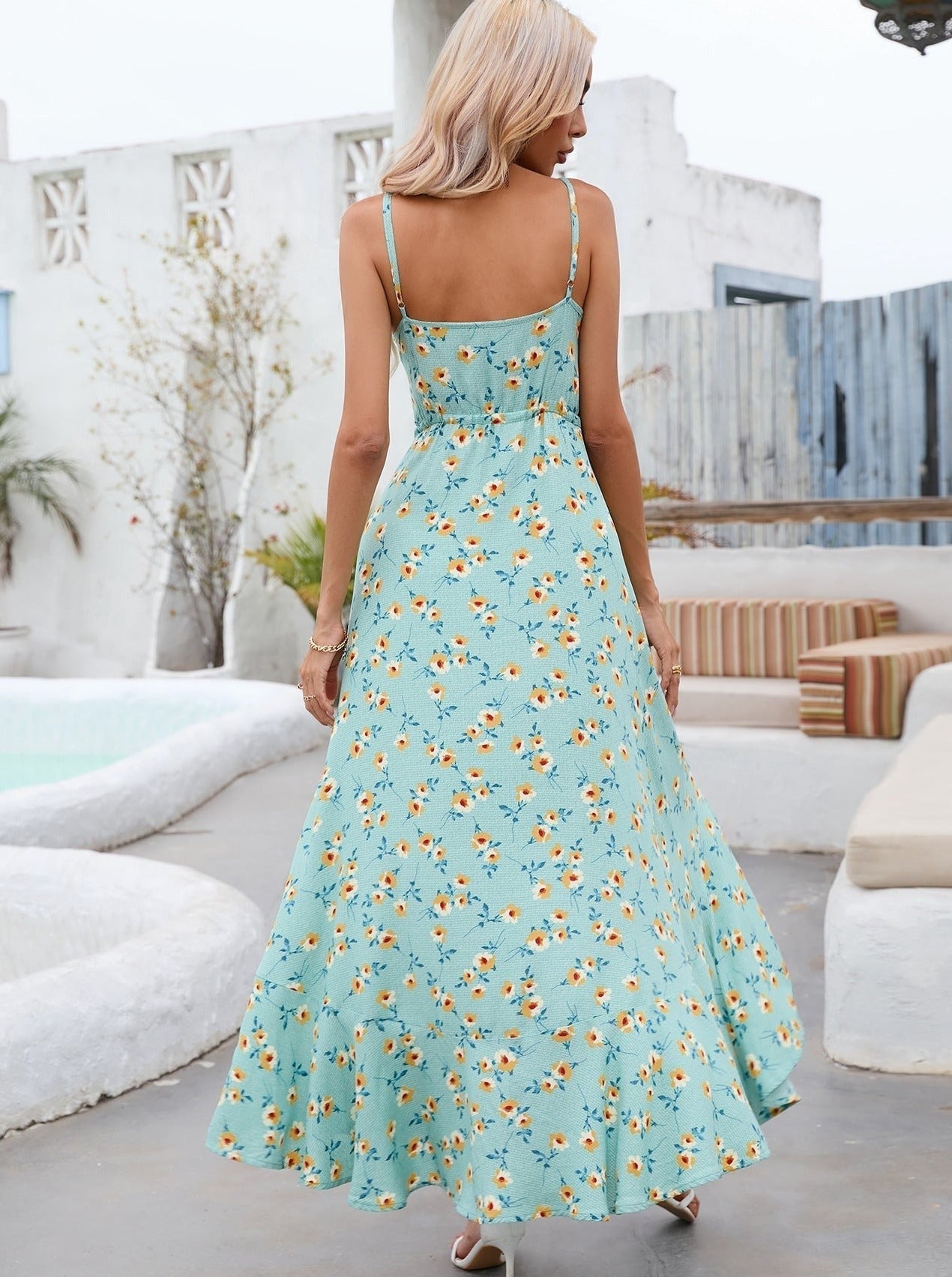 Petrolfarbenes, asymmetrisches Kleid mit Blumenmuster