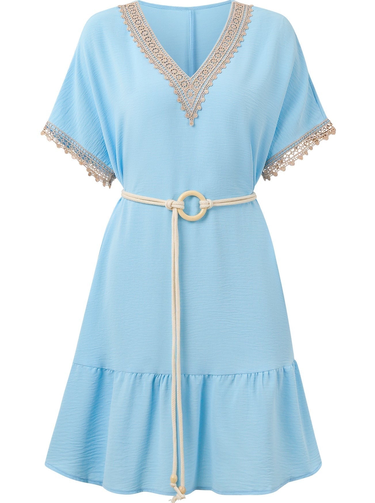 Elegantes Minikleid mit V-Ausschnitt, Spitzengürtel und Taille