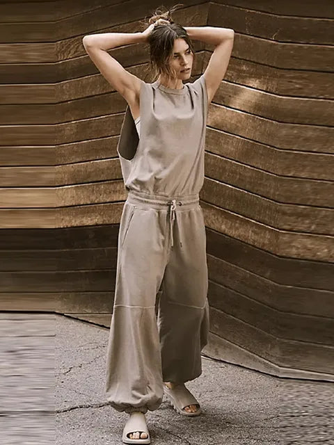Jade - Gelbgrüner Lässiger Ärmelloser Jumpsuit