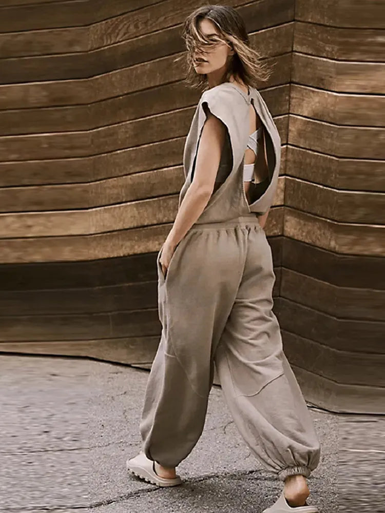 Jade - Gelbgrüner Lässiger Ärmelloser Jumpsuit