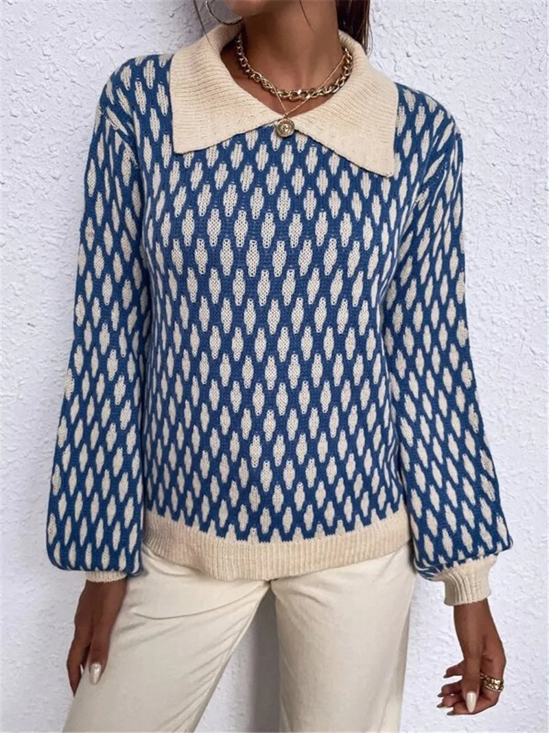 Abel | Damen Oversize Strickpullover Blau im Vintage-Karo Look