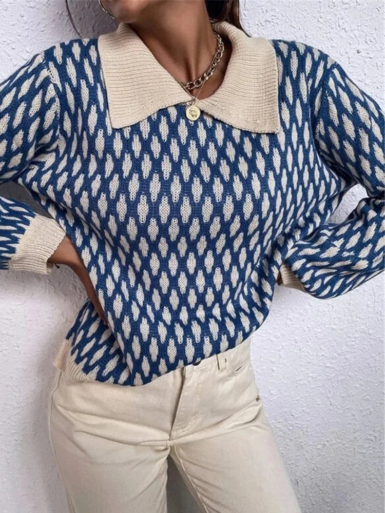 Abel | Damen Oversize Strickpullover Blau im Vintage-Karo Look