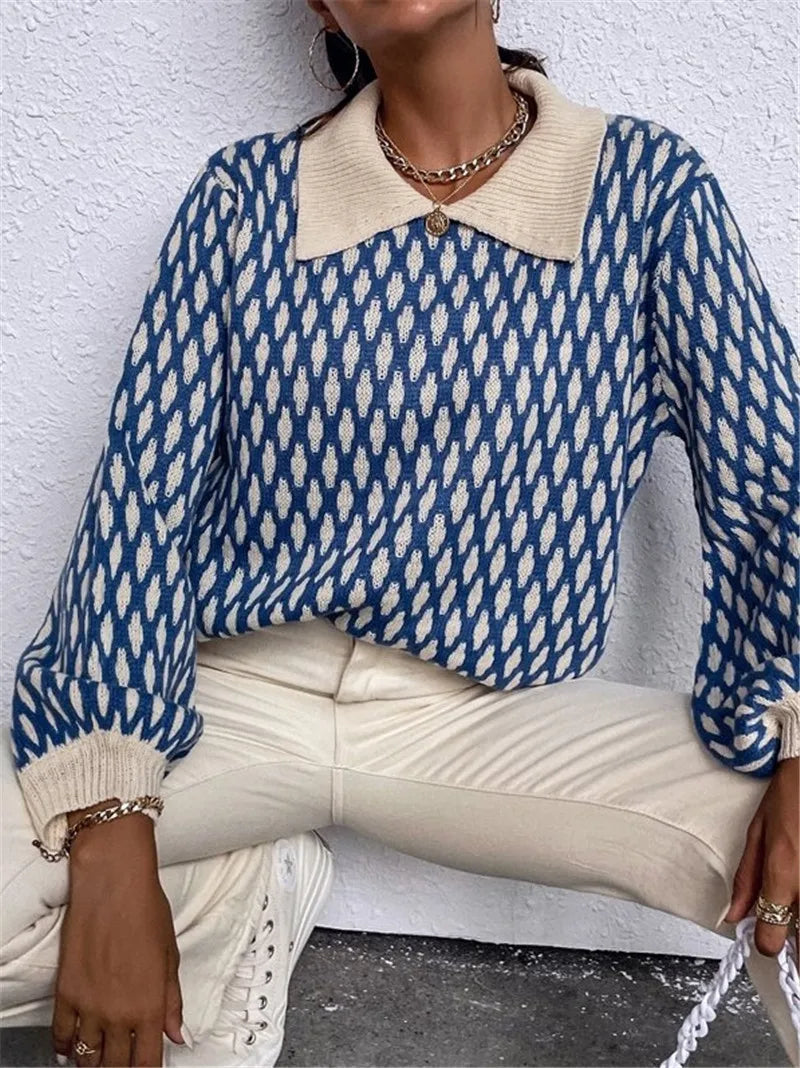 Abel | Damen Oversize Strickpullover Blau im Vintage-Karo Look