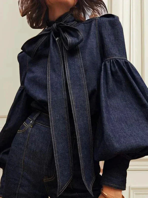 Denim Bluse Damen Puffärmel Trendy – Isabella