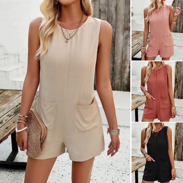 Schicker ärmelloser monochromer Jumpsuit-Shorts mit Taschen