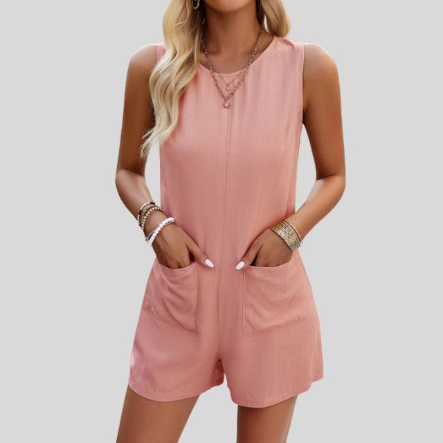 Schicker ärmelloser monochromer Jumpsuit-Shorts mit Taschen