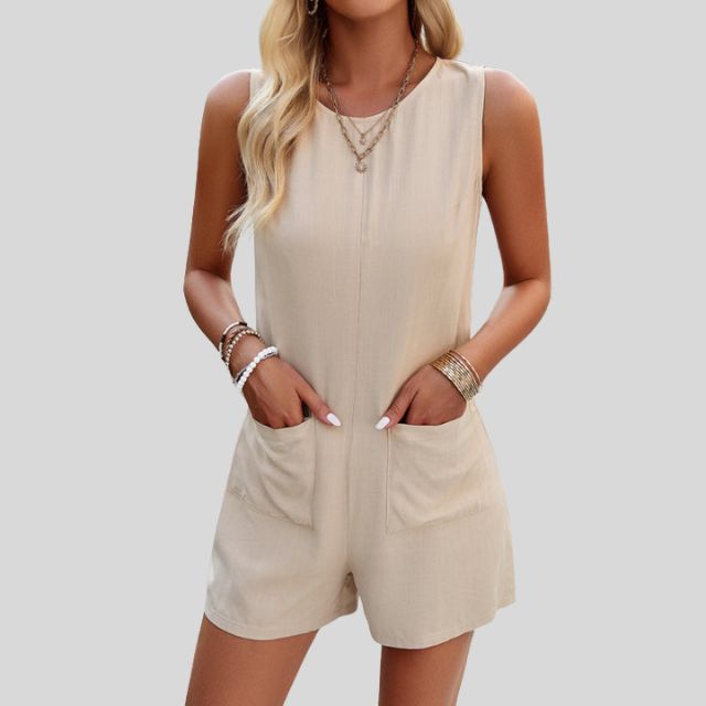 Schicker ärmelloser monochromer Jumpsuit-Shorts mit Taschen