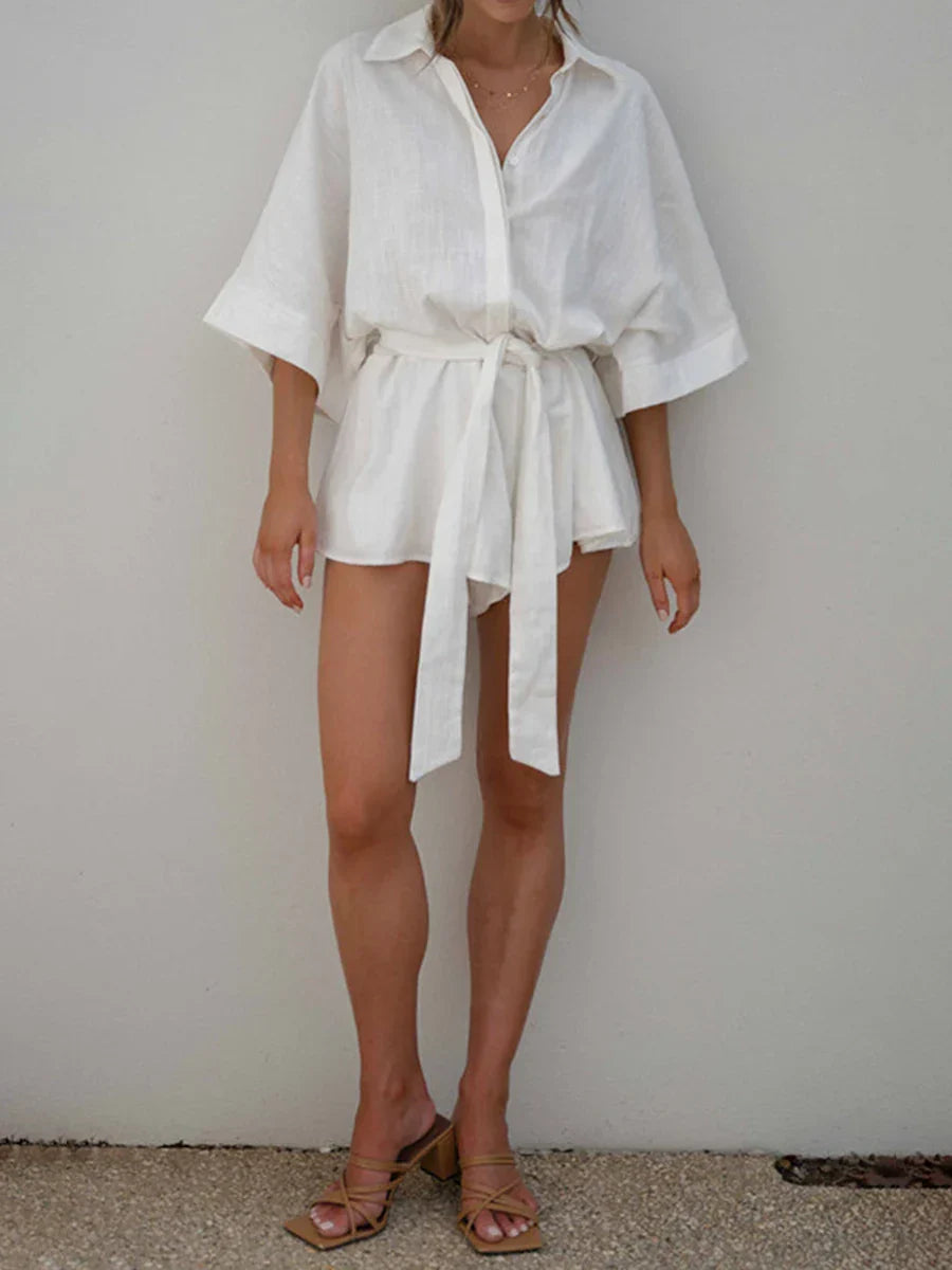 Carrie - Weiße Sommerliche Romper mit Gürtel