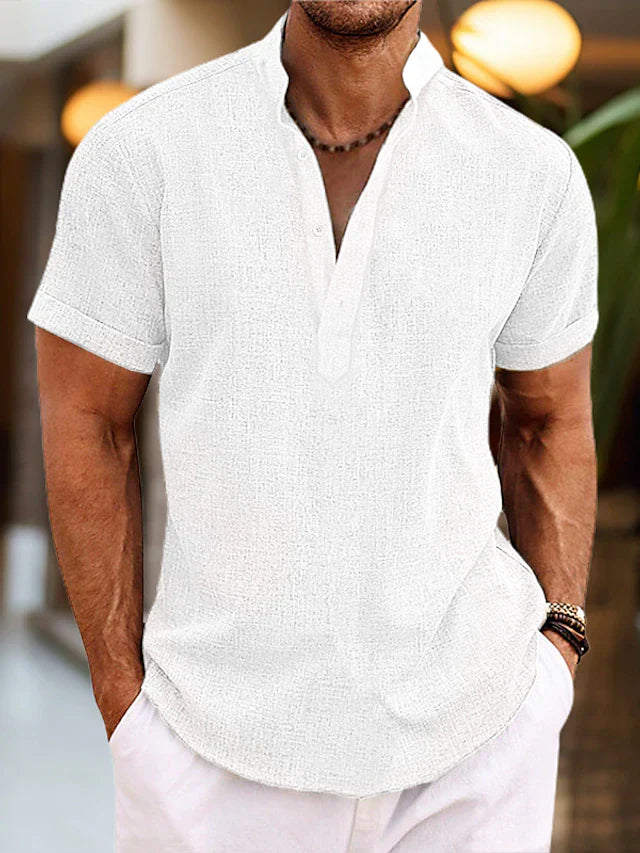 Sommer Herren Leinenhemd mit Henley-Kragen – Rovenzo