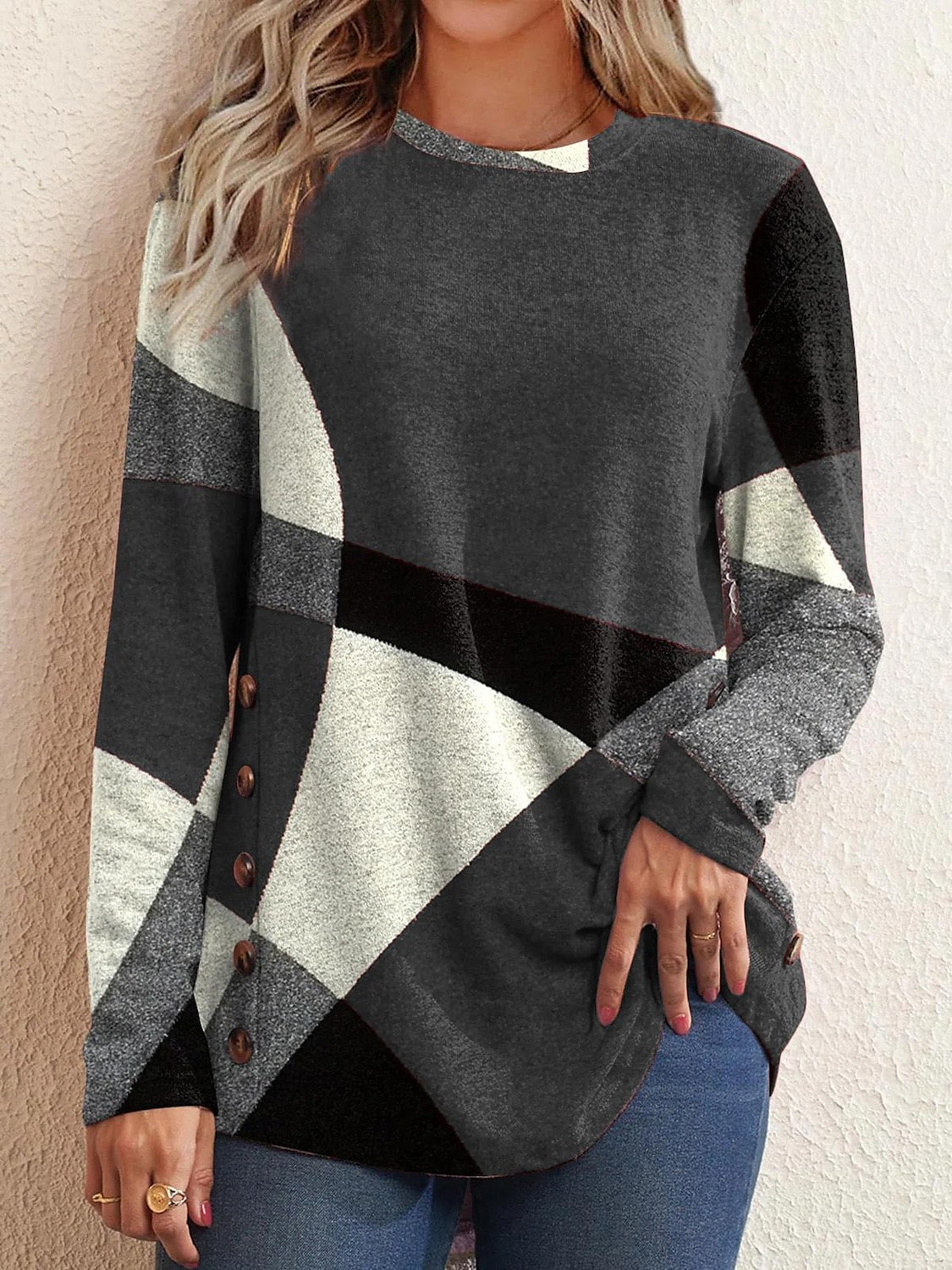 Romy | Damen Casual Bluse Lose Passform O-Ausschnitt Langarm Tops