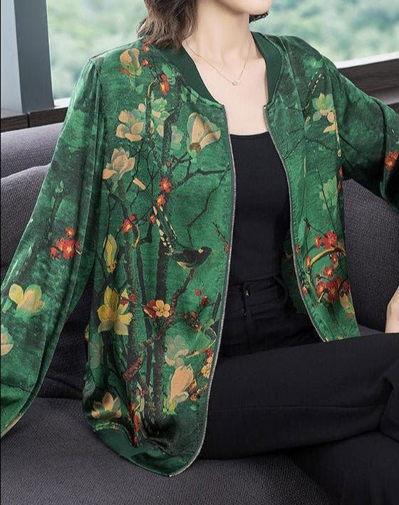 Calysta | O-Ausschnitt Print Zip Up Seidenmäntel Langarm