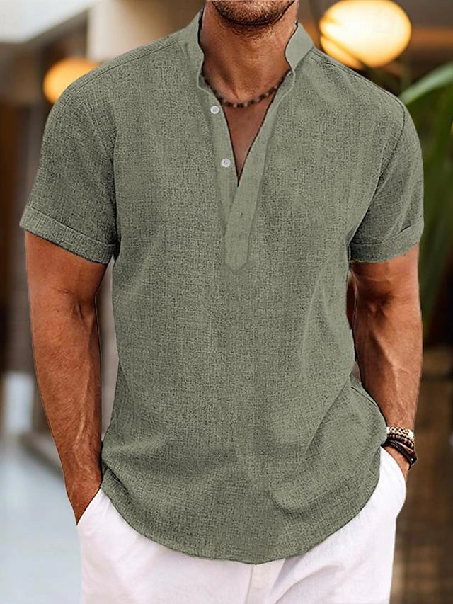 Sommer Herren Leinenhemd mit Henley-Kragen – Rovenzo