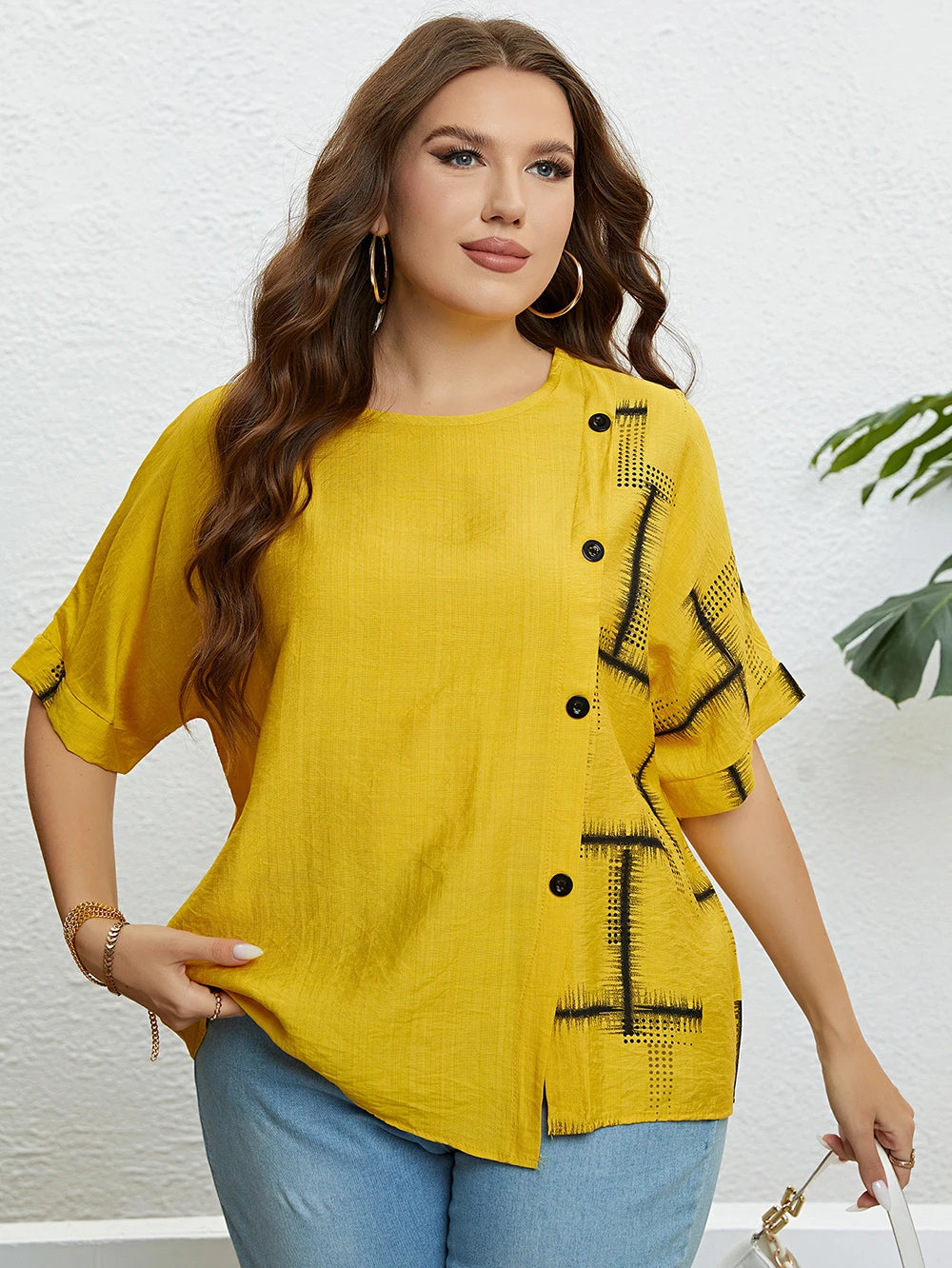 Bedrucktes Sommer-T-Shirt mit Knopfleiste – Lina