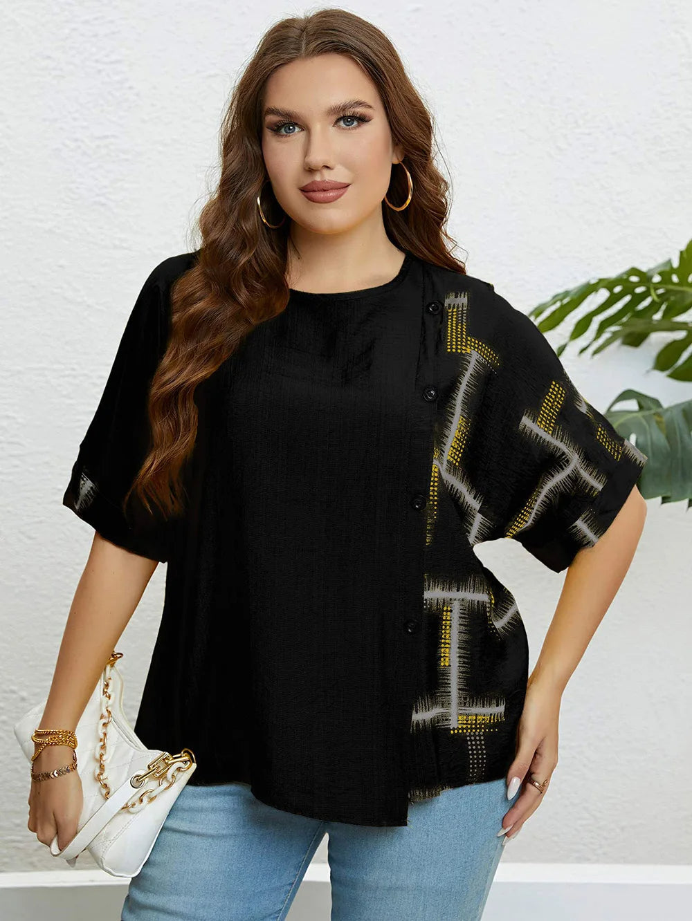 Bedrucktes Sommer-T-Shirt mit Knopfleiste – Lina