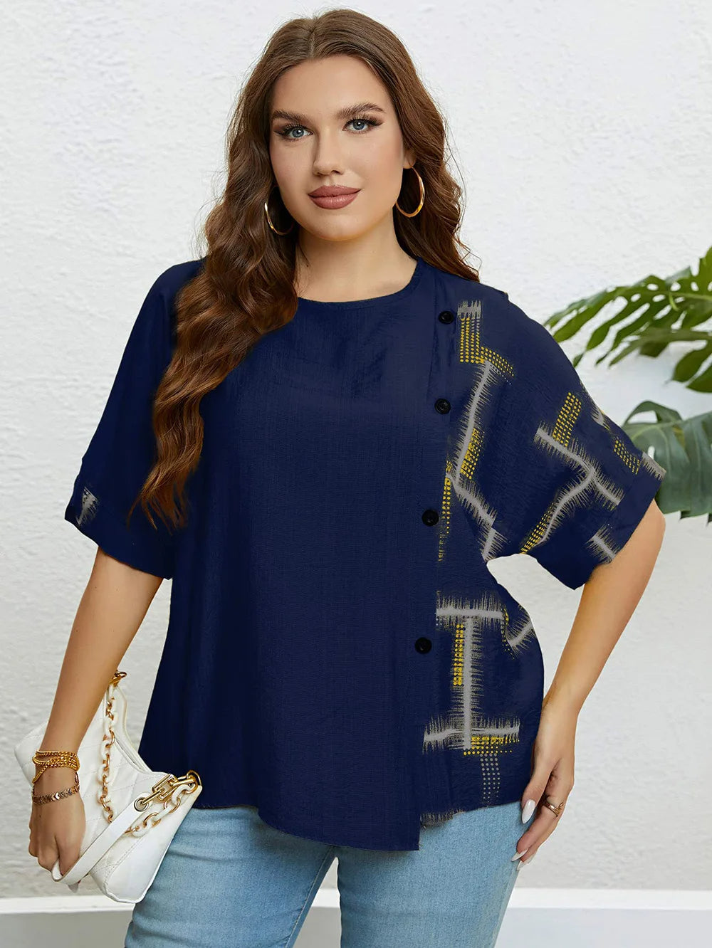 Bedrucktes Sommer-T-Shirt mit Knopfleiste – Lina