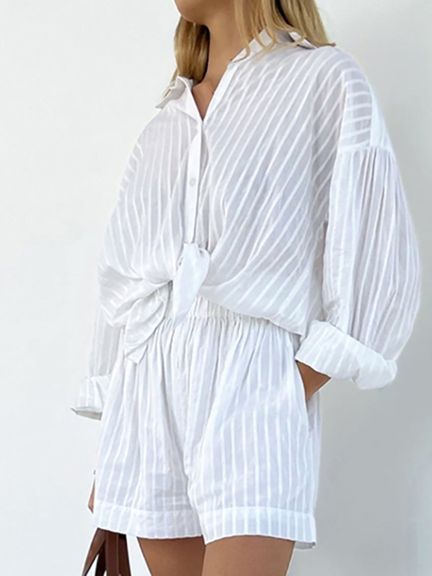 Zweiteiliges Set Gestreiftes Langarmhemd Elastische Taille Kurze