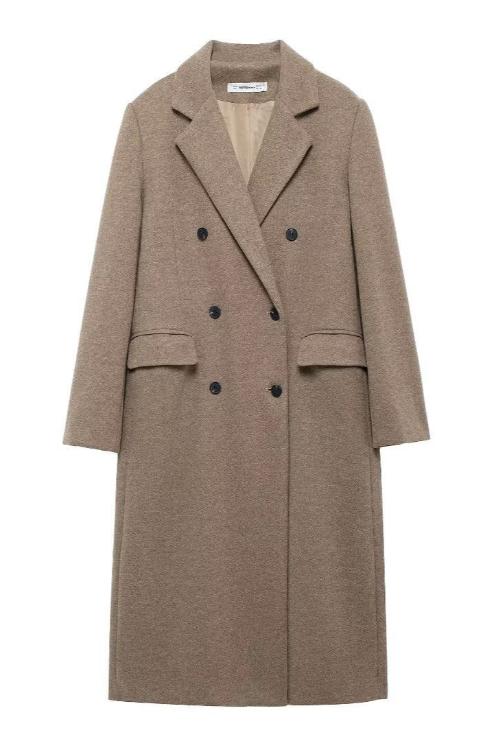 Eleganter taupefarbener zweireihiger Wollmantel