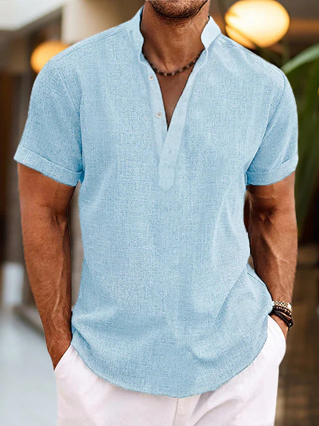 Sommer Herren Leinenhemd mit Henley-Kragen – Rovenzo