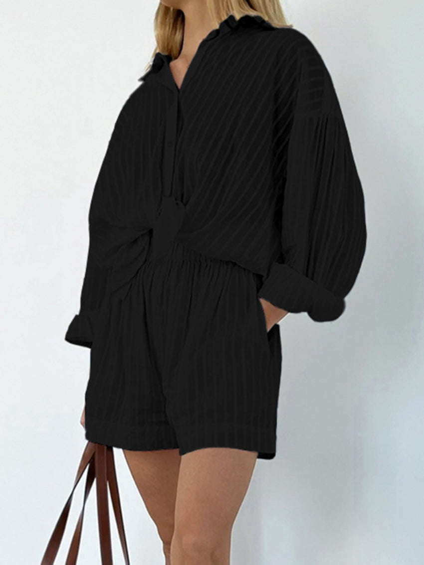 Zweiteiliges Set Gestreiftes Langarmhemd Elastische Taille Kurze